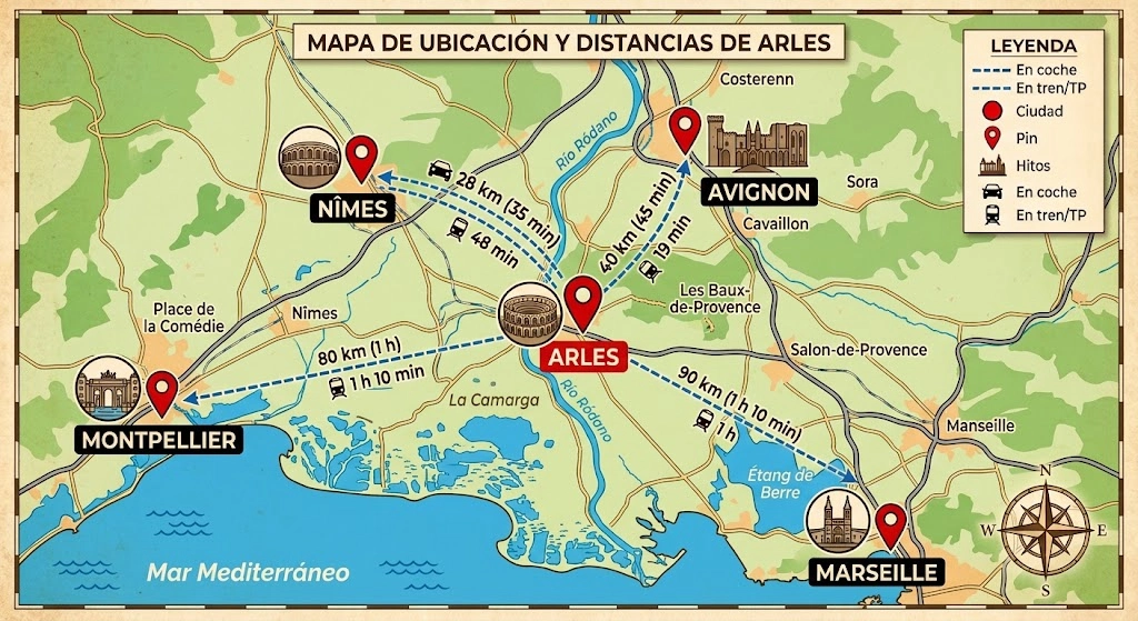 que ver en Arles, mapa de ubicación de Arles