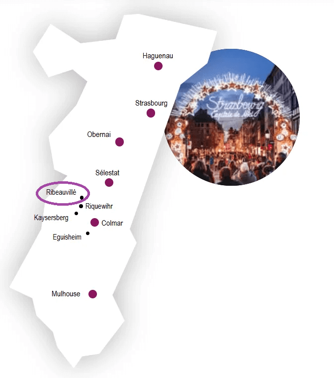 Mapa de ubicación de Ribeauvillé en la Ruta de los Vinos de Alsacia, Francia